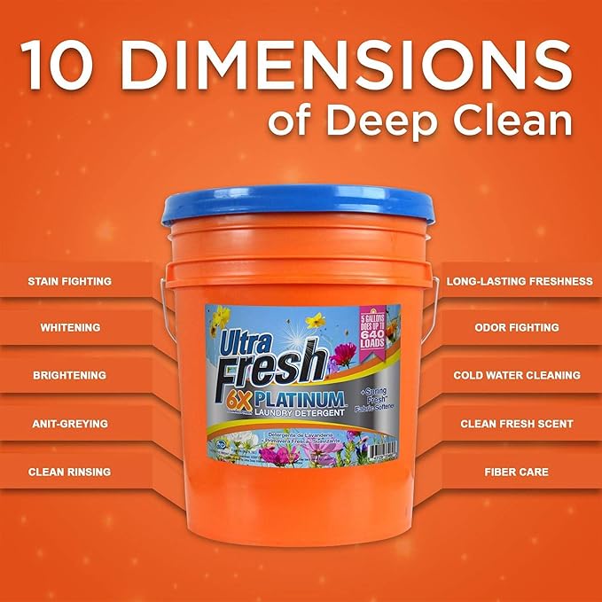 Ultra Fresh 5 Gallon Liquid Laundry Detergent Washing Soap with Spring Fresh Fabric Softener for All Machine Types, 6X Platinum, Up to 640 Loads