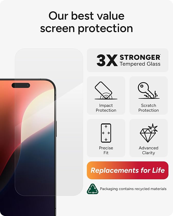 ZAGG Glass+ Screen Protector for iPhone 16 Plus / 15 Plus – 3X Stronger Tempered Glass with Reinforced Edges Scratch &amp Smudge Resistant InvisibleShield Easy Installation