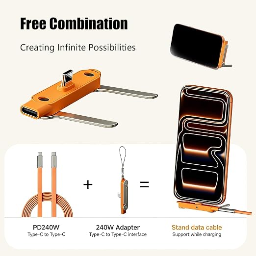 SIDEWAY Phone Charger 240W Silicone Cable with Detachable Stand - Universal Type-C 90° Angle 480Mbps Data Transfer Speed(balck)