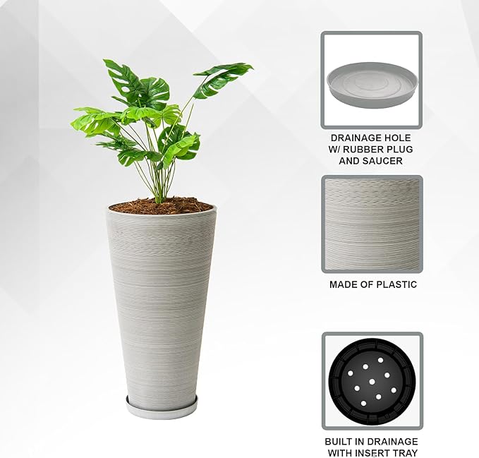 XBrand Modern 28-Inch Tall Round Planter, Modern Tapered Planter Perfect for Indoor & Outdoor Planter, Patio Décor, Gray
