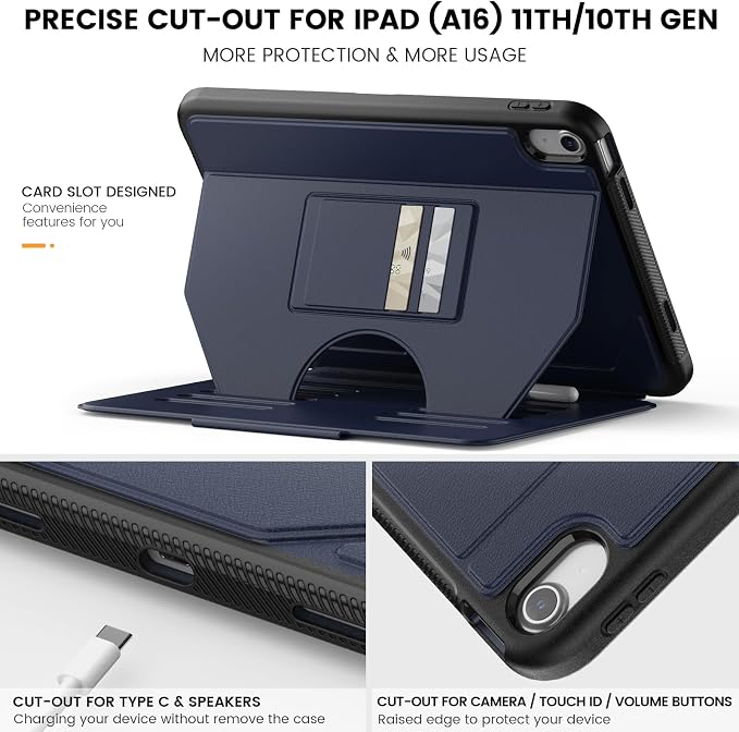 Case for iPad (A16) 11th/10th Generation 11''/10.9'' 2025/2022: Shockproof Protective Case with Hand/Shoulder Strap Pencil Holder Rotate Stand Screen Protector Black
