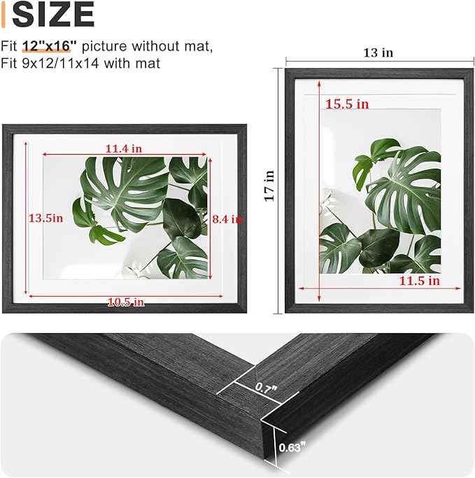 Egofine 12x16 Picture Frame Made of Solid Wood with Plexiglass, Display Pictures 9x12/11x14 with Mat or 12x16 Without Mat for Wall Mounting, Rustic Black