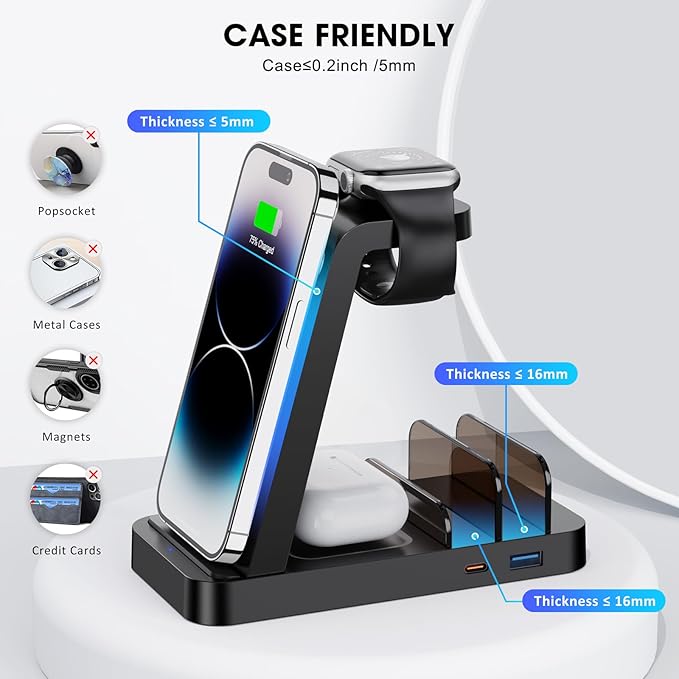 Wireless Charger for iPhone - 5 in 1 Charging Station for Multiple Devices Apple: Fast Wireless Charging Stand Dock for iPhone 16e 16 15 14 13 12 Pro Max Apple Watch Airpods