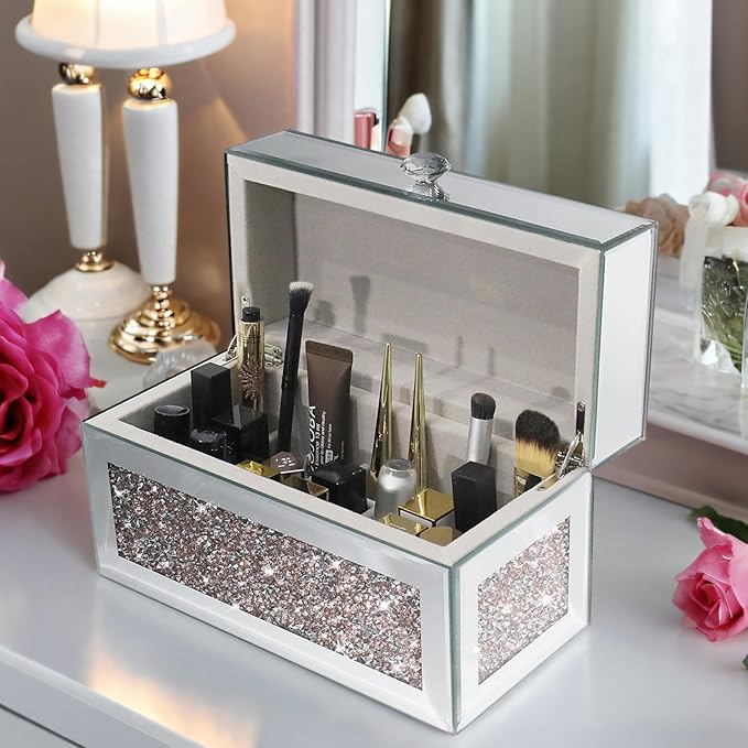 21 Spaces Lipstick Organizer with Lid,Lip Gloss Rollerball Perfume Holder for Vanity,Crushed Diamond Home Decor,Gift idea(9.2" L x 4.5" W x 5.5" H)