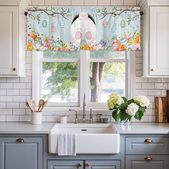 Easter Bunny Curtain Valances for Windows, Kitchen Valance Window Treatment