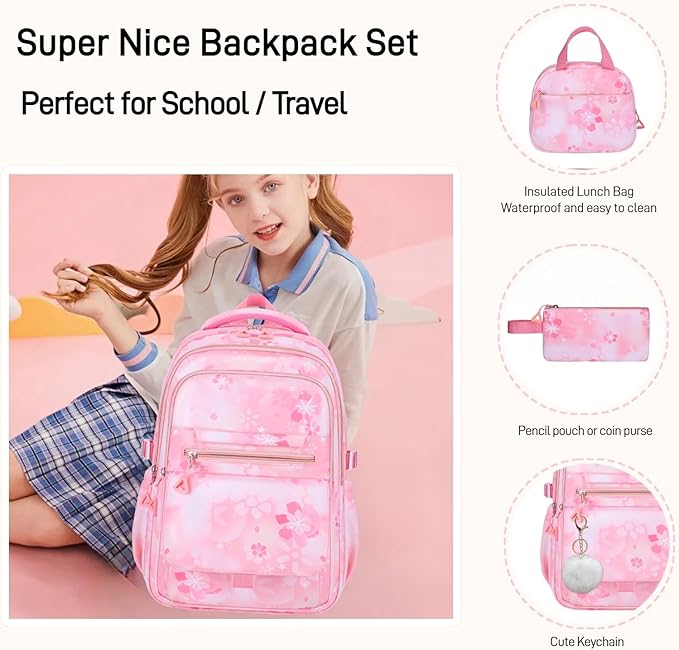 3Pcs Set Backpacks for Girls Teen, Cute Flowers School Bag Girls Bookbags with Lunch Box Pencil Bag, Multi-Pockets Kids Backpack for Elementary & Middle School, Pink