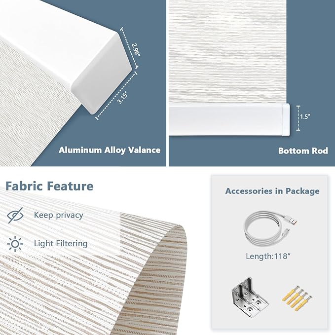 COOLWINDS Motorized Blinds with Remote Cordless Automatic Motorized Shades Custom Blinds for Windows Smart Curtains Compatible with Alexa Google Home(Light Filtering Jacquard Beige,W48 x H72in)