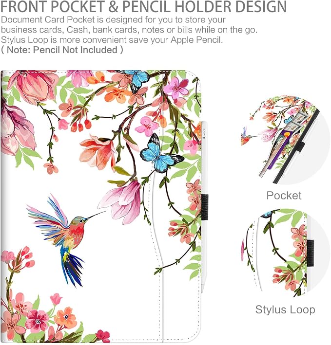 for iPad Air 13 inch Case (M4/M3/M2) iPad Pro 12.9 inch Case Hummingbird | Premium Leather Business Folio Case with Pencil Holder Multi-Angle View Adjustable Stand Pocket/Hand Strap/Auto Wake Sleep