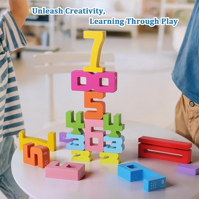 Montessori Math Blocks for Kids Ages 3-8 | 20PCS Wooden STEM Learning Toys with Balance Game | Self-Checking Number Puzzles & Counting Cubes | Toddler Educational Building Set