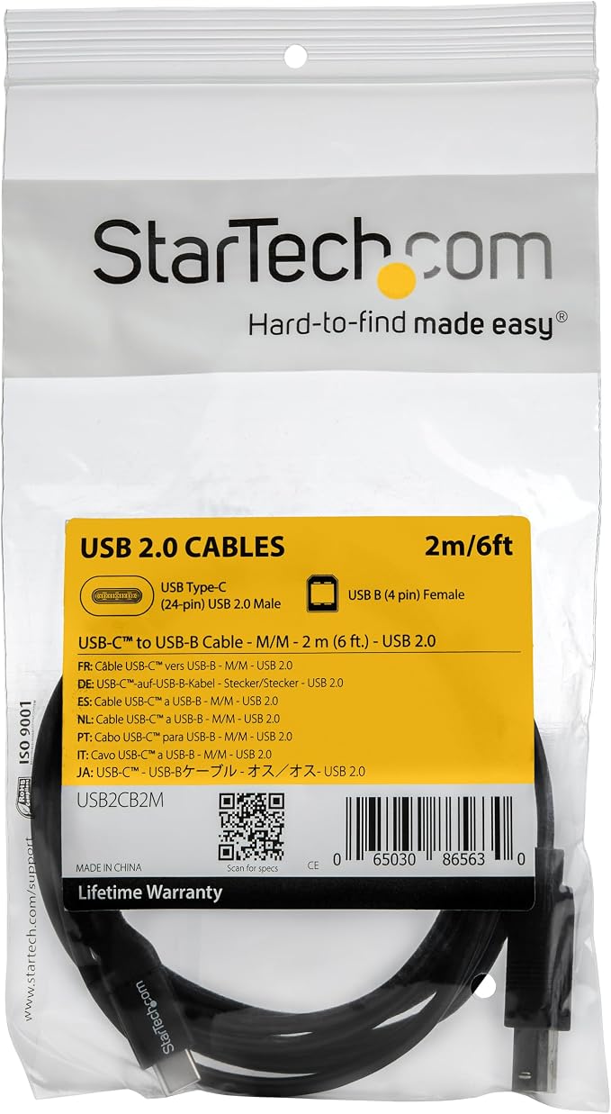 StarTech 3.3ft/1m USB-B to USB-C Cable USB 2.0 Data Cord (USB2CB1M)