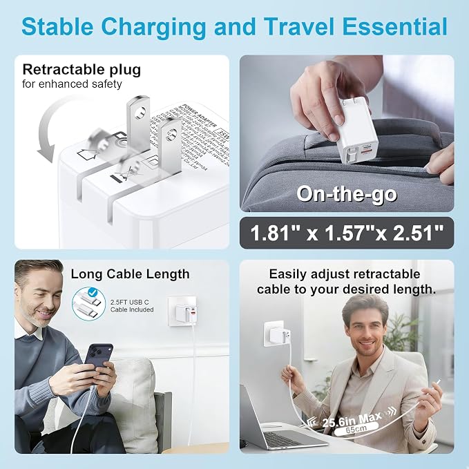 35W USB C Charger with Retractable Cable3-Port Foldable Wall Plug PD &amp QC Fast Charging Block with Type C Cable for iPhone 17e/17 Pro Max/16e/16/16 Pro Max/15/15 Plus/Samsung Galaxy S26/S25/S24/S