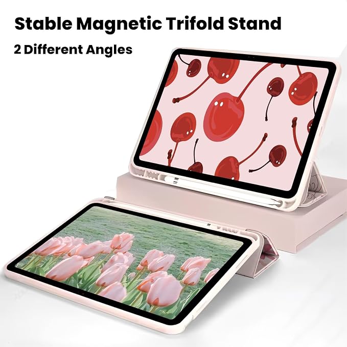 iPad Pink Case for iPad Pro Generation 11Inch 2018/2020/2021/2022 with Pencil Holder-[Auto Wake/Sleep] Trifold Stand Soft TPU Protective Cover Cute Cherry Bow