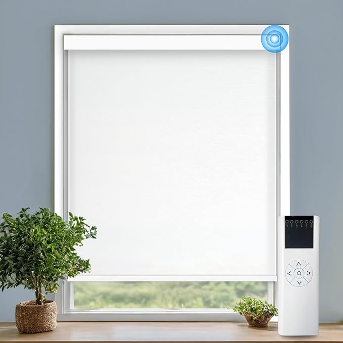 COOLWINDS Motorized Blinds with Remote Cordless Automatic Motorized Shades Custom Blinds for Windows Smart Curtains Compatible with Alexa Google Home(Light Filtering Jacquard White,W24 x H72in)