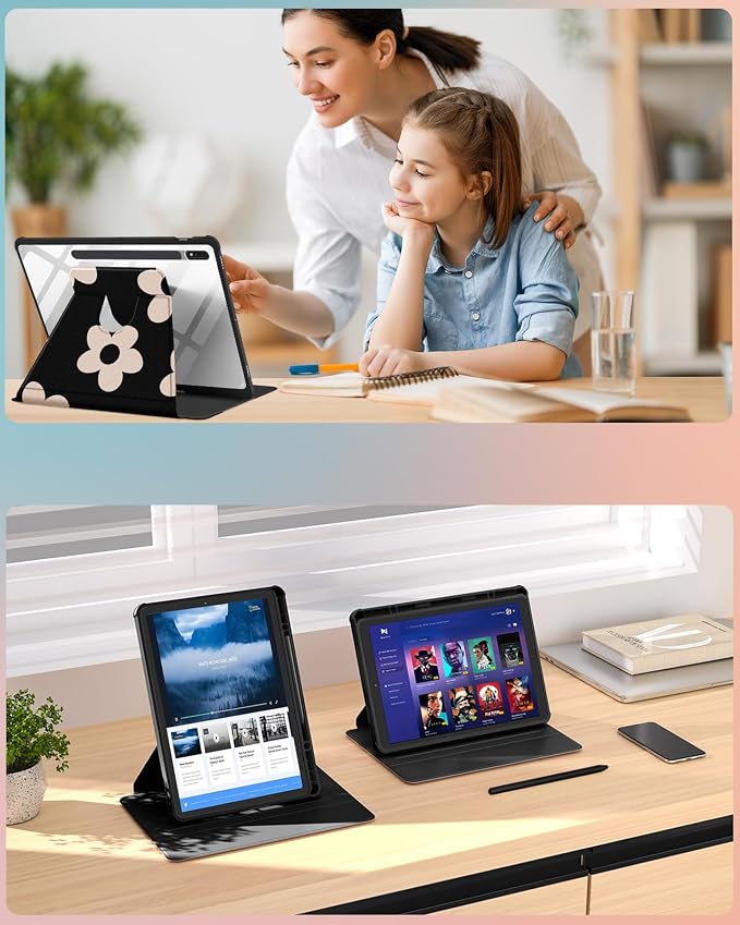 Wazzasoft for Samsung Galaxy Tab S7/S7 Plus/S8 Plus Case - 12.4 Inch Folio Cover with Pencil Holder - Women/Girl Cute Girly Black Flower Unique Design - Rotating Tablet Case
