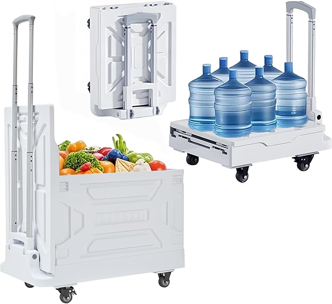 VECELO Foldable Utility Cart with Wheels - Heavy Duty Collapsible Rolling Cart for Shopping, Travel, Office & Home - Portable Luggage Cart with Telescoping Handle, White
