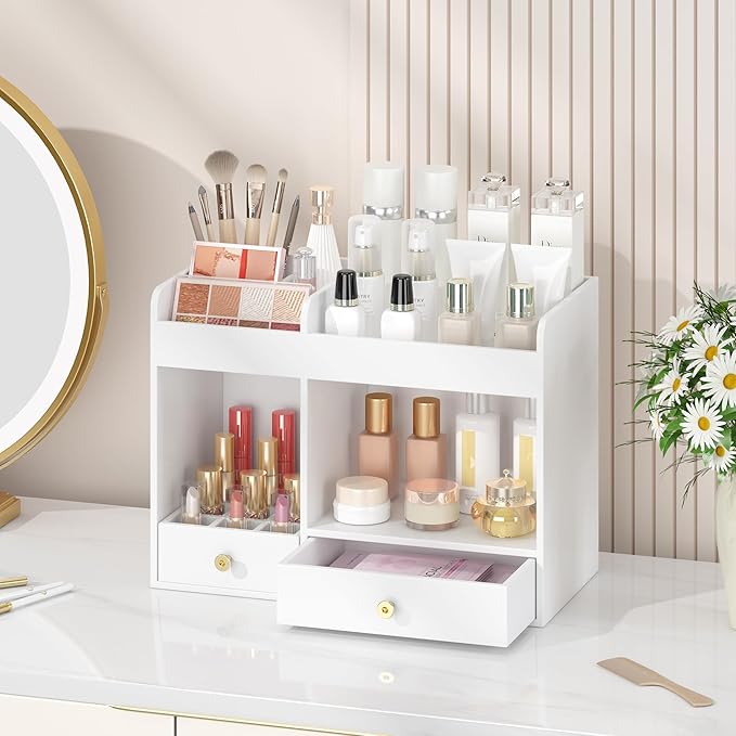 Makeup Organizer with Drawers, Bamboo Countertop Cosmetic Storage for Dresser Vanity Organizer Beauty Desk Skincare Holders Container Make Up Organizing for Lipstick