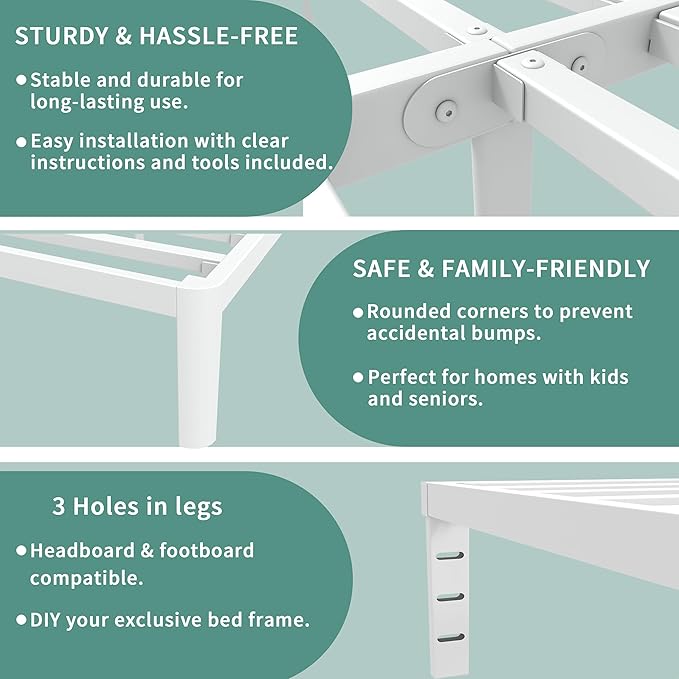 ITIMIDI 16 Inch White Bed Frame King Size with Round Corner Legs, Metal Platform Bed Frame King, Storage Space, No Box Spring Needed, Heavy Duty Steel Support 3500 LBS, Noiseless, Easy Assembly