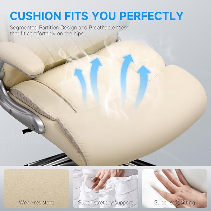 GTRACING Big and Tall High Back Office Chair 400LBS Wide Leather Executive Chair Height Adjustable Lumbar Support & Armrests, Comfy Desk Gaming Chairs Computer Swivel Chair, Beige