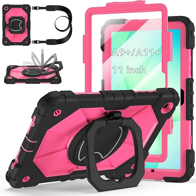 Case for Samsung Galaxy Tab A9 Plus 11 Inch 2023 Ubearkk Rugged Case for Samsung Galaxy A9+ Tablet SM-X210/X216/X218 with Screen Protector 360 Rotating Stand Shoulder Strap Pen Holder Black