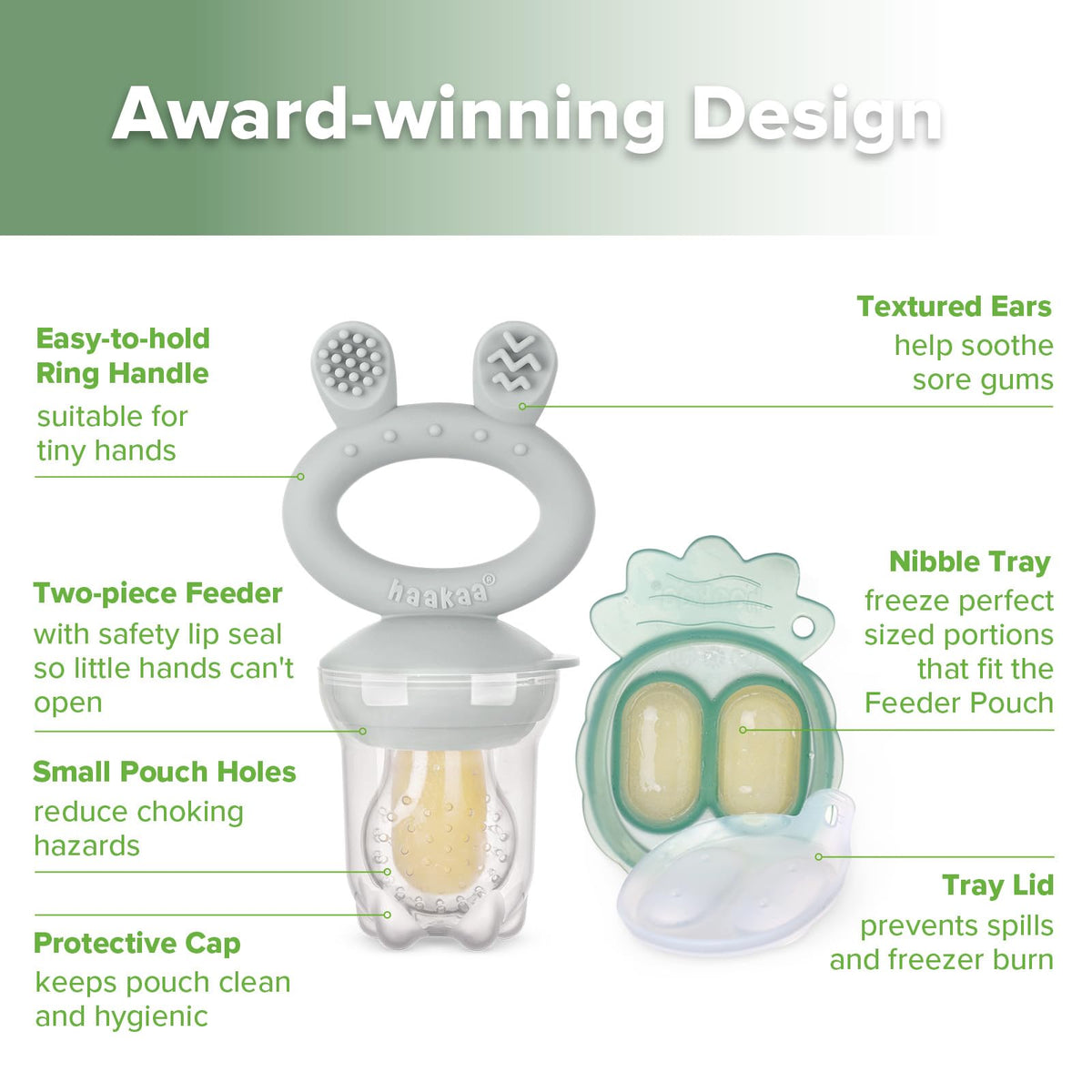 Haakaa Baby Fruit Food Feeder & Mini Freezer Nibble Tray Combo, Breastmilk Popsicle Molds for Baby Cooling Relief, BPA Free Silicone Feeder for Safe Infant Self Feeding, 4 Month+ (Slate Grey)