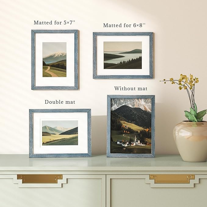 Egofine 9x12 Picture Frame Made of Solid Wood Covered by Plexiglass, Wood Frame for Pictures 5x7/6x8 with Mat or 9x12 without Mat, Tabletop and Wall Mounting Display, Rustic Blue