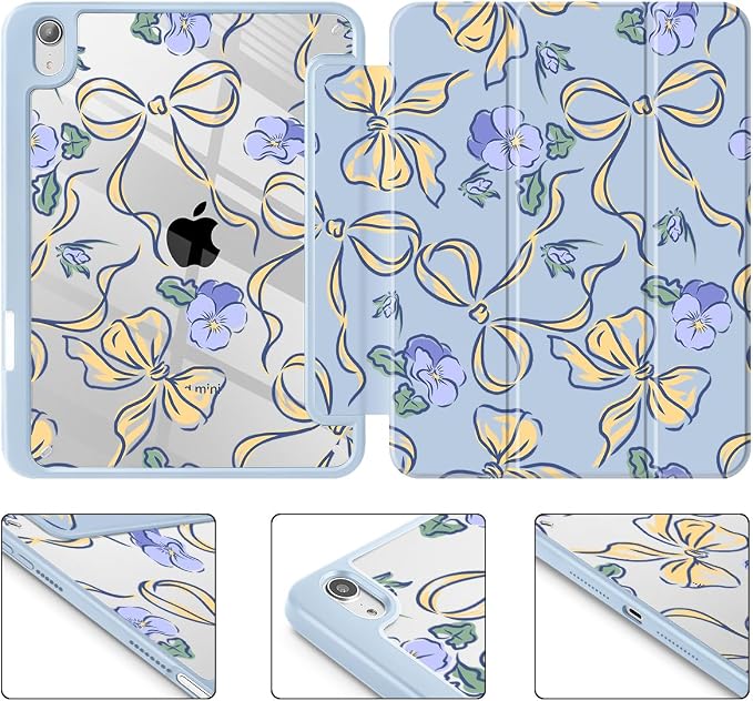 Case for iPad mini (A17 Pro 7th Generation) 2024/iPad Mini (6th Gen) 8.3 Inch with [Built-in Pencil Holder] Shockproof Cover with Clear Transparent Back Shell &amp Auto Wake/Sleep - Blue Bows