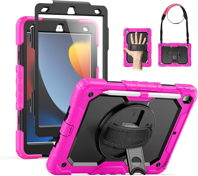 SEYMAC for iPad 9th/8th/7th Generation Case 10.2 2021-2019 Full-Body Shockproof Protective Case with Screen Protector Rotating Stand/Handle/Shoulder Strap for iPad 10.2 Blue/Black