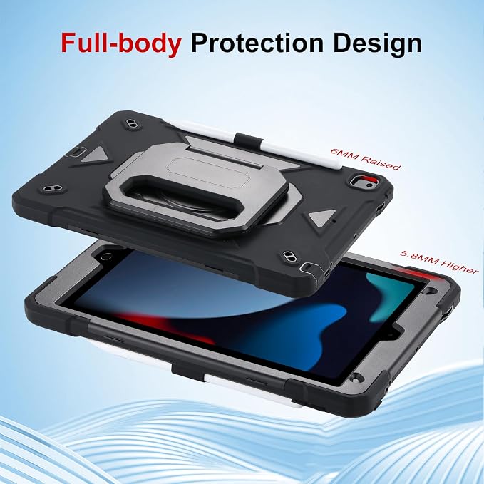Case for iPad 9th Generation (2021) /iPad 8th Gen (2020)/iPad 7th Gen (2019) Military Grade Shockproof iPad Case Built-in 360°Rotating Stand/Pen Slot/Shoulder Strap for iPad 10.2 (Black)