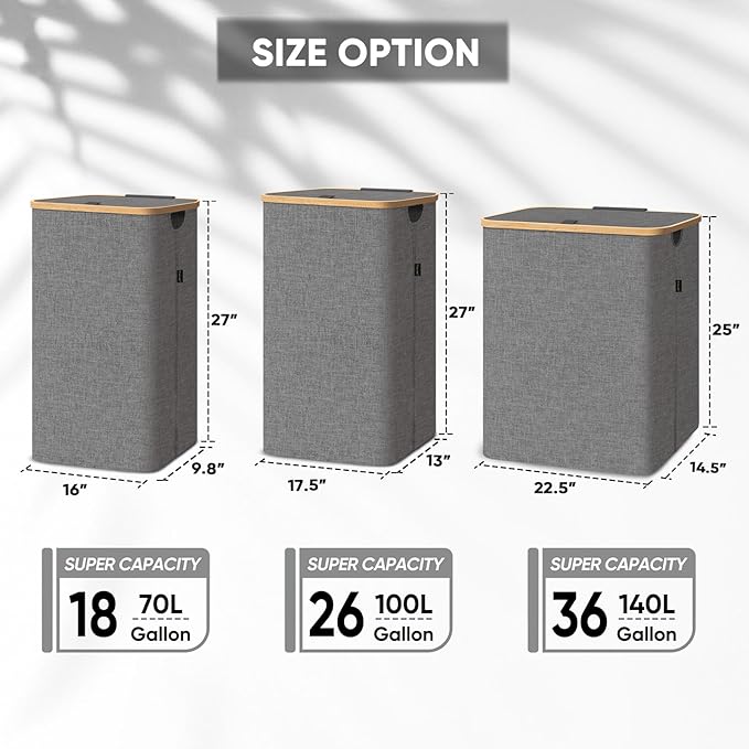 BALEINE Laundry Hamper with Lid, Tall Laundry Baskets with Bamboo Pull Handles, Large Laundry Bin with Internal Support (36 Gal/140L, Beige)