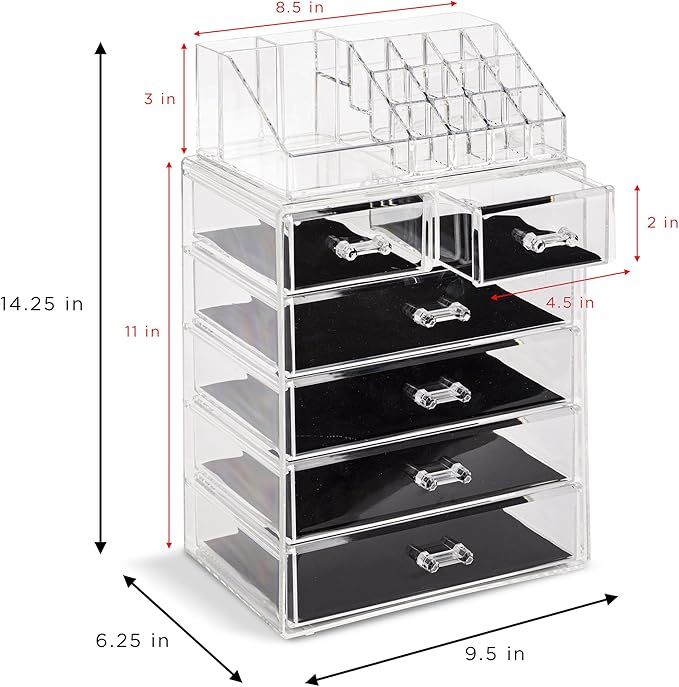 Sorbus Clear Cosmetic Makeup Organizer - Make Up & Jewelry Storage, Case & Display - Spacious Design - Great Holder for Dresser, Bathroom, Vanity & Countertop (4 Large, 2 Small Drawers)
