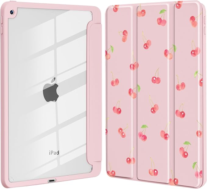 Cute Cherry Case for iPad 5th/6th Generation 9.7 inch Clear Hard Back Cover with Pencil Holder Tri-fold Stand Full Wrap Protective Case for Women Girls Pink Cherry/Pink Case