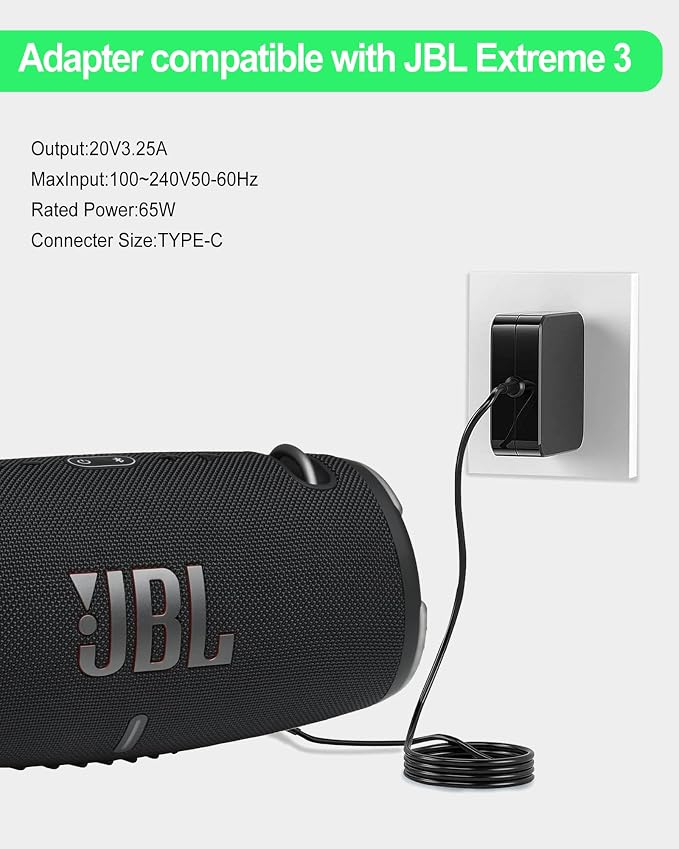 65W USB C Charger Compatible with JBL Extreme 4 Extreme 3 Charge 6/5/4 | Flip 7/6/5 Clip 4/5 Pulse 4/5 GO 3/4 Vibe Beam JRPOP Endurance Peak Bluetooth Speaker Xtreme 3 Adapter