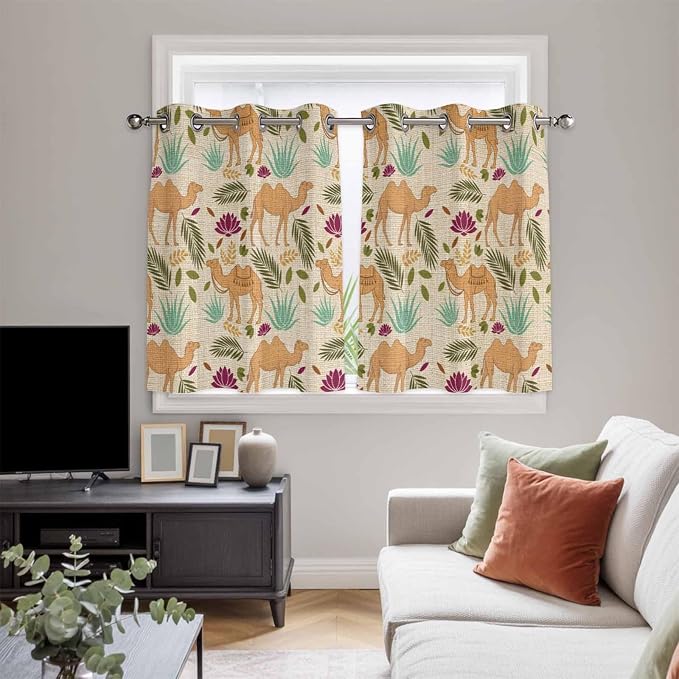 2 Panel Kitchen Cafe Curtains, Desert Camels Sunlight Filtering Nature Air