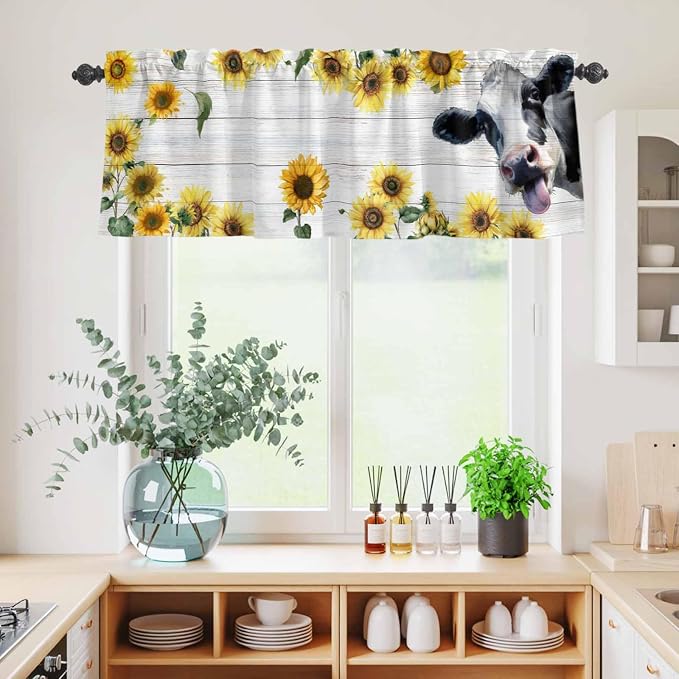 Kitchen Curtains Tiers and Valance Set of 3, Cow Sunflowers Light Filtering