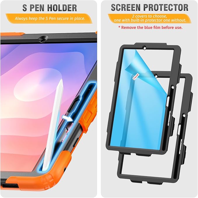 HXCASEAC Case for Samsung Galaxy Tab S10+ Plus / S9 Fe+ / S9+ 5G 12.4 inch Protective with Screen Protector/S Pen Holder/ 360 Rotating Stand Hand Strap - Black