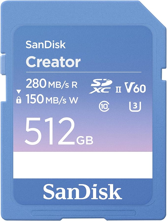 SanDisk 512GB Creator SD UHS-II Card, Read speeds up to 280MB/s, for DSLR and Mirrorless Cameras, 4K UHD, 6K Video, V60, 1 Month of Adobe Creative Cloud Included - SDSDXEP-512G-GNCIS