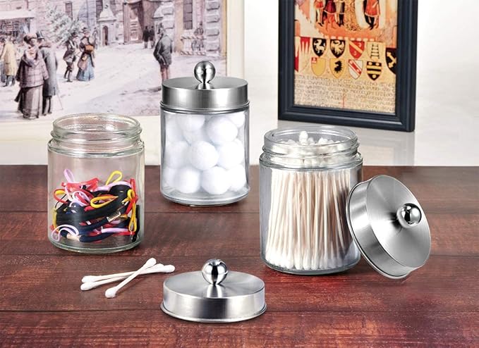 Amolliar 4Pc Apothecary Jars Bathroom Vanity Storage Organizer Set -Countertop Canister with Stainless Steel Lids &Stickers - Qtip Dispenser Holder for Qtip,Cotton Swab,Makeup Sponge (Brushed Nickel)