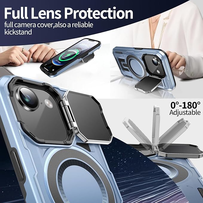 Camera Stand Case for iPhone 16E, [Compatible with Mag Safe] [Lens Cover] 2024 Version Military Grade Protective Soft Case for iPhone 16E 6.3 inch Men Women, Blue