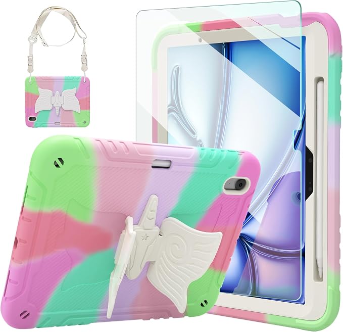 Ambison iPad Air 11 inch Case 6th Generation 2024(M2) with 9H Tempered Glass Screen ProtectorFull-Body Shockproof Sturdy Cute Cover with Butterfly Wings StandShoulder StrapPencil Holder-Multicolor