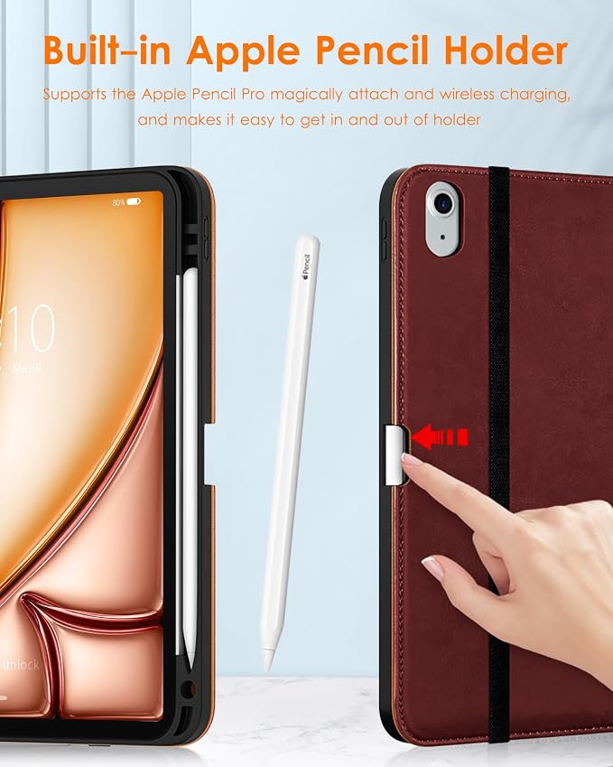DTTO for iPad Air 11-inch Case M4/M3/M2 (2026/2025/2024) iPad Air 5th / 4th Generation (2022/2020) Premium Leather Business Folio Stand Cover with Pencil Holder - Auto Sleep/Wake Brown