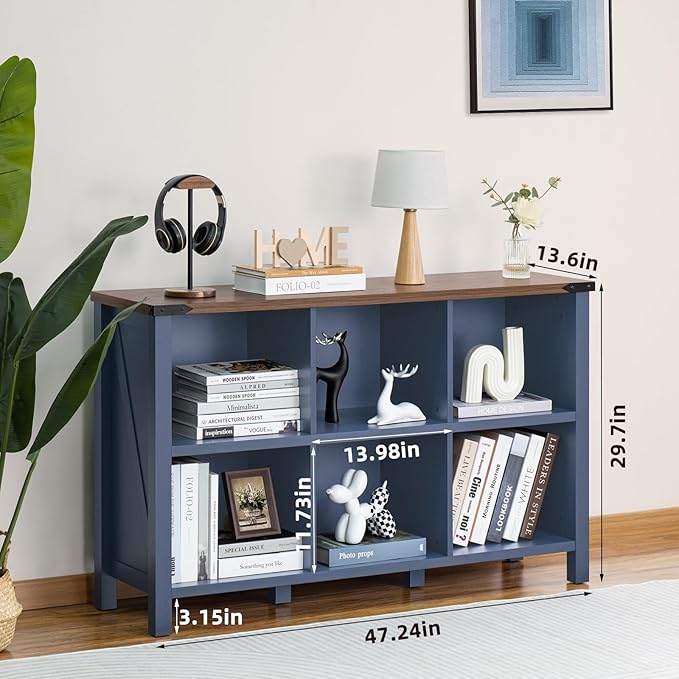 6 Cube Bookcase, Farmhouse Wood Low Storage Organizer Book Shelf, 47" Horizontal Navy Blue Console Bookshelf with Legs, Hallway Book Case for Entryway, Display Cabinet for Living Room, Office