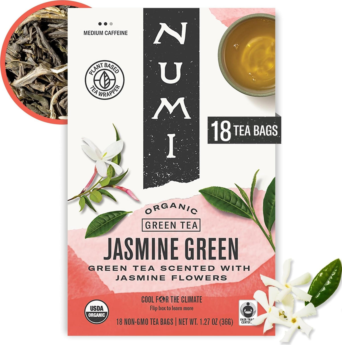 Numi Organic Jasmine Green Tea, 54 Green Tea Bags with Real Jasmine Flowers