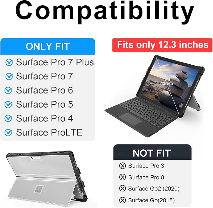 Case for 12.3 Microsoft Surface Pro 7+/7/6/5/4 Protective Rugged Cover Case with Surface Pen Holder and Hand Strap Compatible with Surface Pro Type Cover Keyboard (Black)