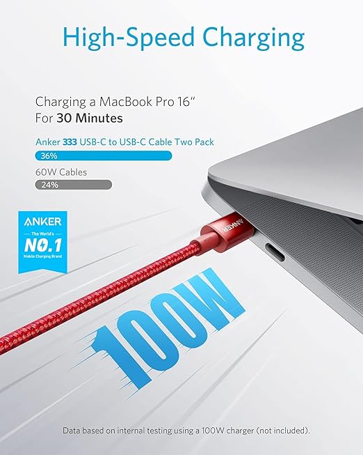 Anker USB C to USB C Cable 100W Fast Charging Cable (2-Pack 10 ft Black) | For iPhone 17 Series MacBook Pro 2020 Pixel and More (Not for Video Output)