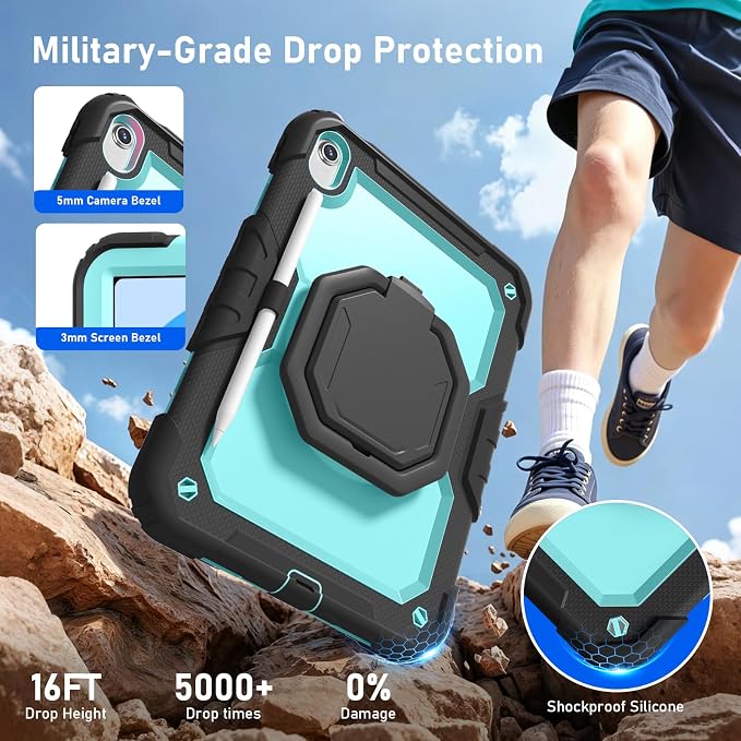 Case for iPad (A16) 11th/10th Generation 11/10.9 2025/2022 Black | Full-body Heavy Duty iPad A16 Case for Adults Kids with Screen Protector 360° Rotating Stand Shoulder Strap Pencil Holder