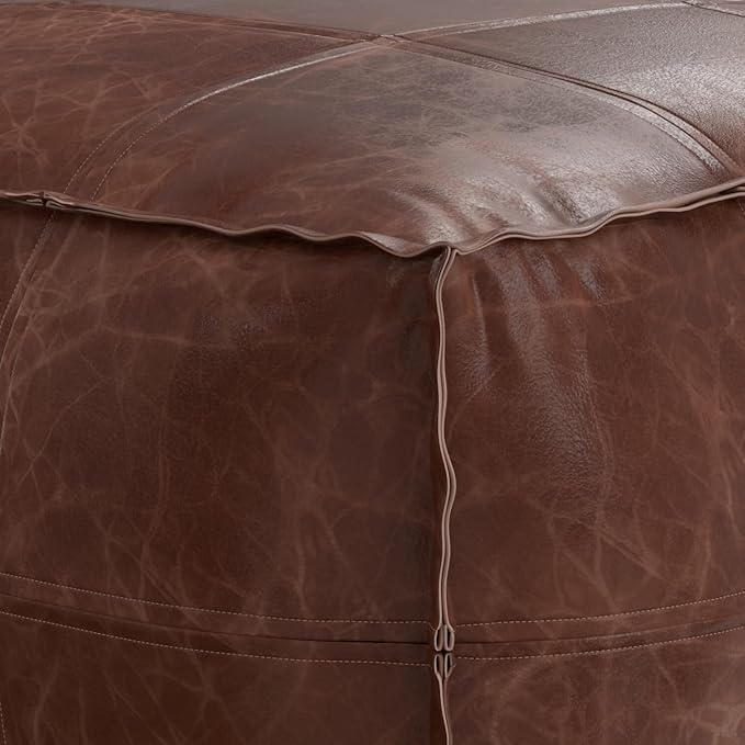 SIMPLIHOME Sheffield Coffee Table Pouf - 26 inch Wide Genuine Leather Square Ottoman in Distressed Brown, Boho-Style Footrest, Coffee Table, or Extra Seating for Living Room or Family Room, Assembled