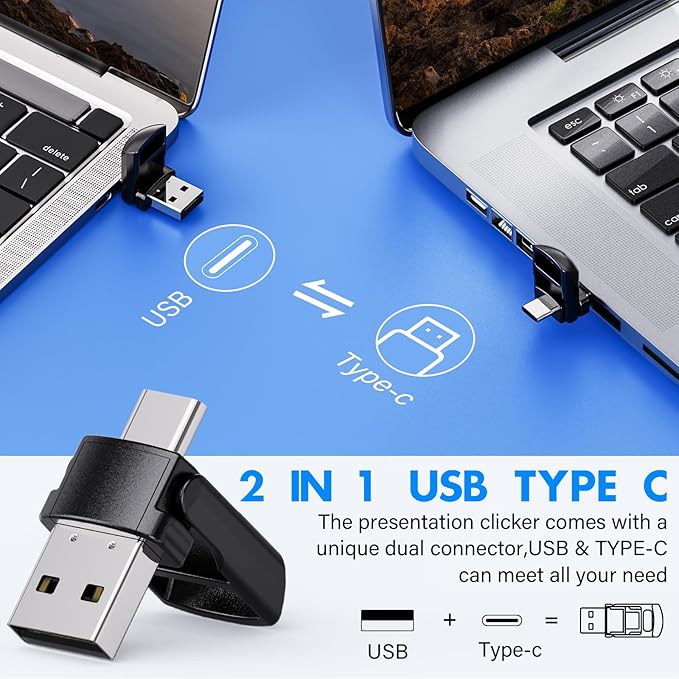 NinjaABXY Presentation Clicker with 2-in-1 USB Type C, Wireless Presenter Remote Clicker for PowerPoint Presentations, Pointer RF 2.4GHz USB PowerPoint Clicker Slide Advancer with Volume Control