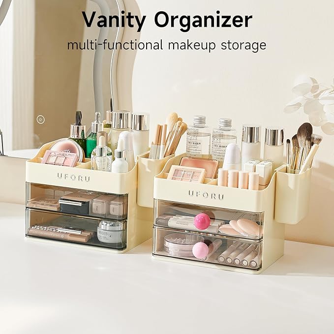 Makeup Organizer for Vanity with Brush Holder, Countertop Organizer with 2 Drawers, Spacious Cosmetic Display Case for Beauty Essential, Skincare, Lipstick