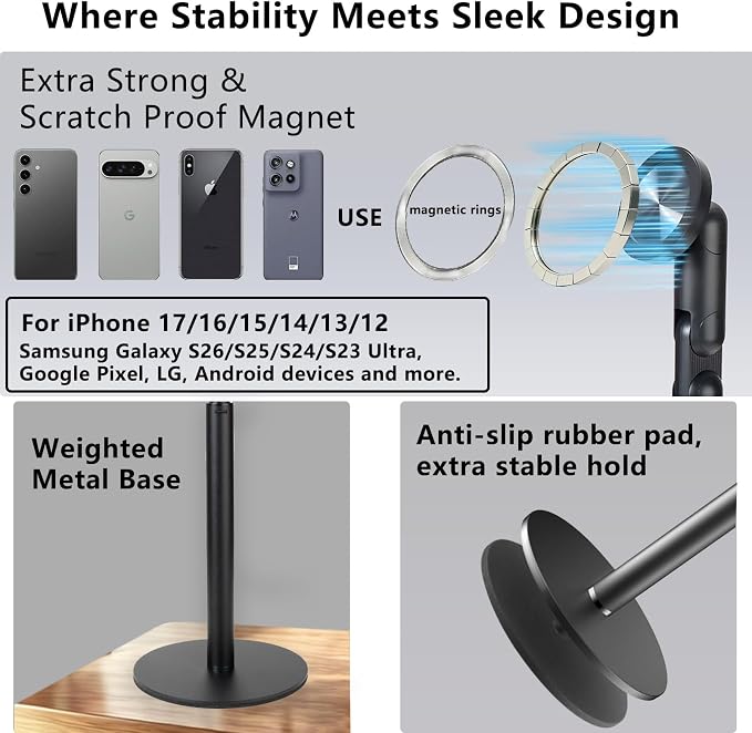 Phone Stand for Desk with MagSafe Magnetic Function，Aluminum Alloy Phone Stand 360° Rotatable &amp Telescopic for Video Recording，Stand for iPhone 17 Pro Max 16/15/14/13/12 and for Samsung.