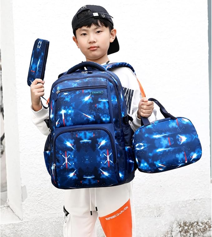MITOWERMI Boys Backpacks for Primary Junior School Kids Backpack with Lunch Box Galaxy Space Bookbags for Boys Girls